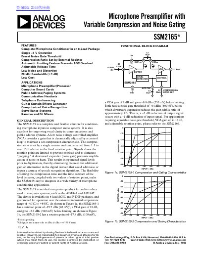Analog Devices SSM2165 Microphone Preamplifier Datasheet - cover page