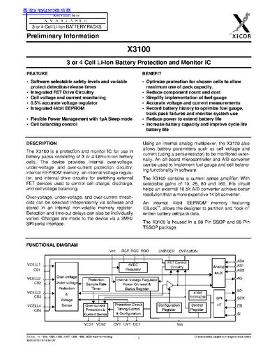 Xicor X3100 Battery Protection and Monitor IC Datasheet - cover page