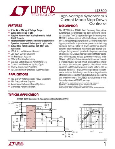 Linear Technology LT3800 High-Voltage Synchronous Current Mode Step-Down Controller Datasheet - cover page
