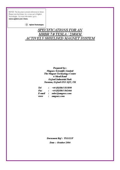 Magnex MRBR 7.0/210 Actively Shielded Magnet System Specifications - cover page