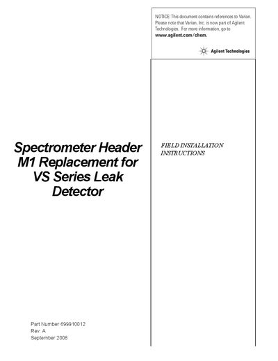 Agilent M1 Spectrometer Header Replacement Instructions for VS Series Leak Detector - cover page