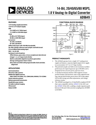 Analog Devices AD9649 Analog-to-Digital Converter Datasheet - cover page