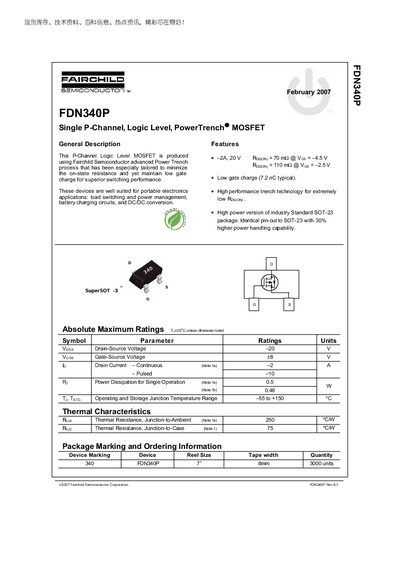 Fairchild FDN340P P-Channel MOSFET Datasheet - cover page