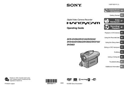 SONY DCR-DVD920/DVD103/DVD203/DVD403/DVD602/DVD653/DVD703/DVD803 digital camera operating instructions