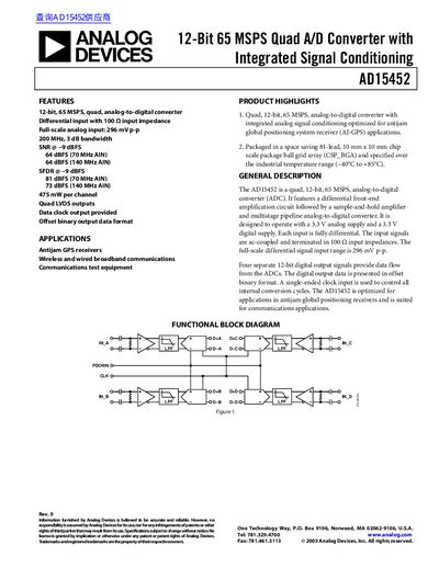 Analog Devices AD15452 12-Bit 65 MSPS Quad A/D Converter Datasheet - cover page