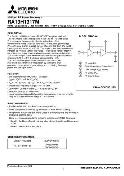 Mitsubishi Electric RA13H1317M RF Power Amplifier Module Datasheet - cover page