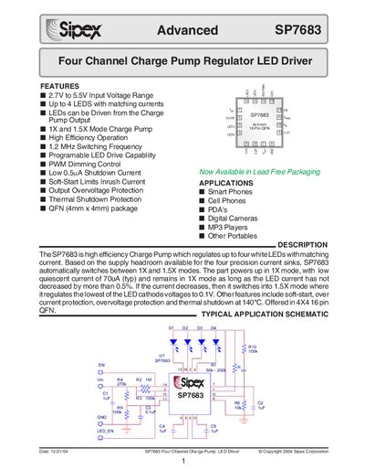 Sipex SP7683 Four Channel Charge Pump LED Driver Datasheet - cover page