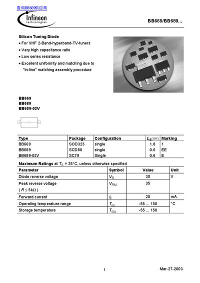 Infineon BB669/BB689 Silicon Tuning Diode Datasheet - cover page