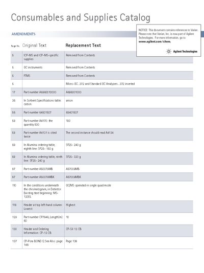 Agilent Consumables and Supplies Catalog Amendments List - cover page