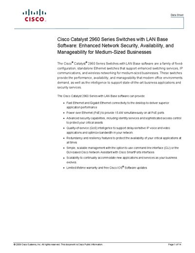 Cisco Catalyst 2960 Series Switches LAN Base Data Sheet - cover page