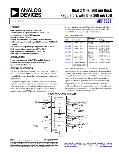 Analog Devices ADP5023 Dual Buck Regulator and LDO Datasheet - cover page