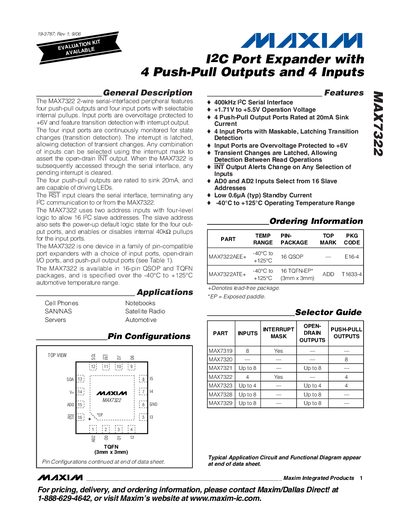 Maxim Integrated MAX7322 I2C Port Expander with 4 Push‑Pull Outputs and 4 Inputs Datasheet - cover page