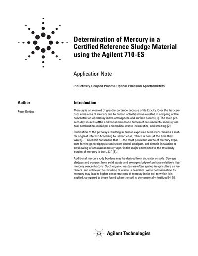 Agilent 710-ES Determination of Mercury in Certified Reference Sludge Application Note - cover page