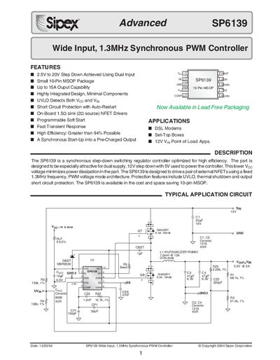 Sipex SP6139 Wide Input 1.3MHz Synchronous PWM Controller Datasheet - cover page