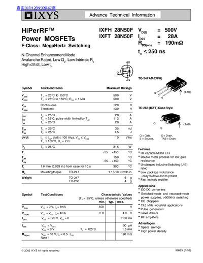 IXYS IXFH 28N50F/IXFT 28N50F Power MOSFET Datasheet