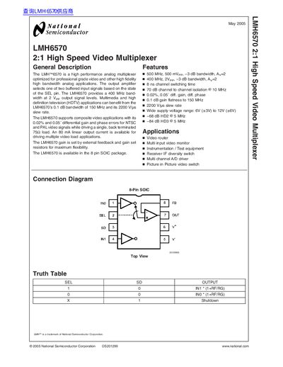National Semiconductor LMH6570 2:1 High Speed Video Multiplexer Datasheet - cover page