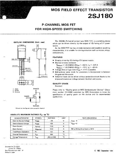 NEC 2SJ180 P-Channel MOS FET Datasheet - cover page