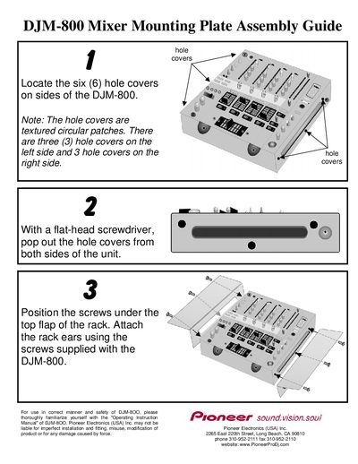 Pioneer DJM-800 Mixer Mounting Plate Assembly Guide - cover page