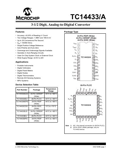 Microchip TC14433/A 3-1/2 Digit Analog-to-Digital Converter Datasheet - cover page