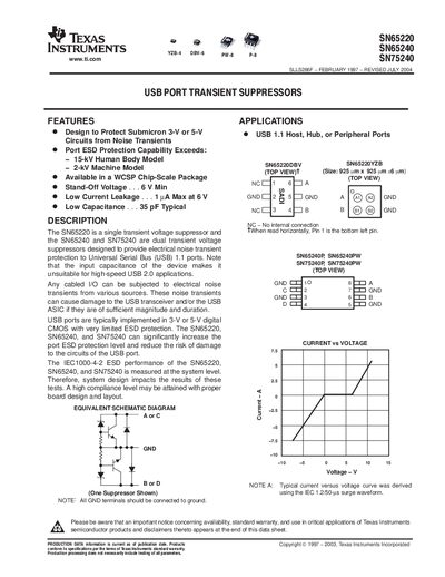 Texas Instruments SN65220/ SN65240/ SN75240 Transient Voltage Suppressor Datasheet - cover page