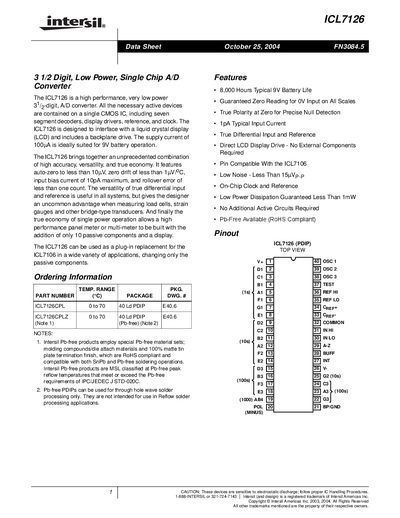 Intersil ICL7126 Datasheet - cover page