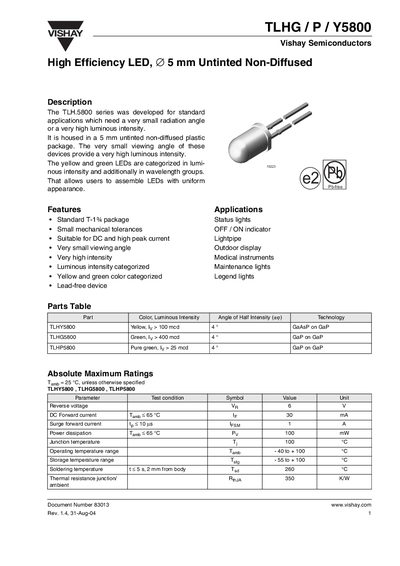 Vishay TLHG P Y5800 High Efficiency LED Datasheet - cover page