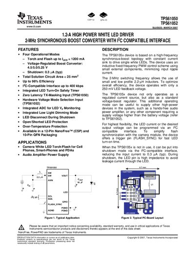 Texas Instruments TPS61050/TPS61052 LED Driver Datasheet - cover page