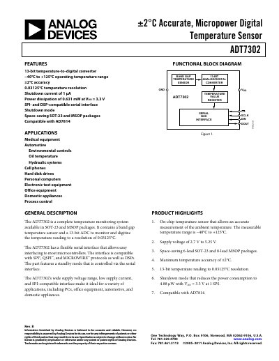 Analog Devices ADT7302 Micropower Digital Temperature Sensor Product Handbook