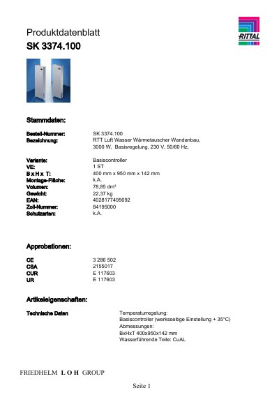Rittal SK 3374.100 Air-Water Wall-Mount Heat Exchanger Data Sheet - cover page