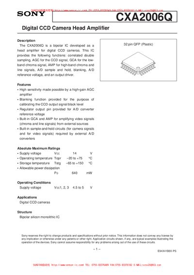 Sony CXA2006Q Digital CCD Camera Head Amplifier Datasheet - cover page