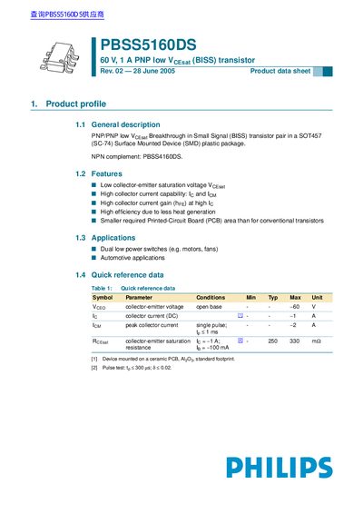 Philips PBSS5160DS PNP Transistor Product Data Sheet - cover page