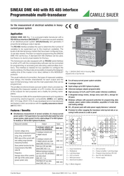 CAMILLE BAUER SINEAX DME 440 with RS 485 interface Programmable multi-transducer - cover page