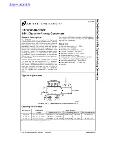 National Semiconductor DAC0800/DAC0802 8-Bit Digital-to-Analog Converters Datasheet - cover page