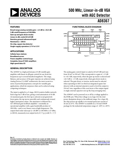 Analog Devices AD8367 500 MHz Linear-in-dB VGA with AGC Detector Datasheet - cover page