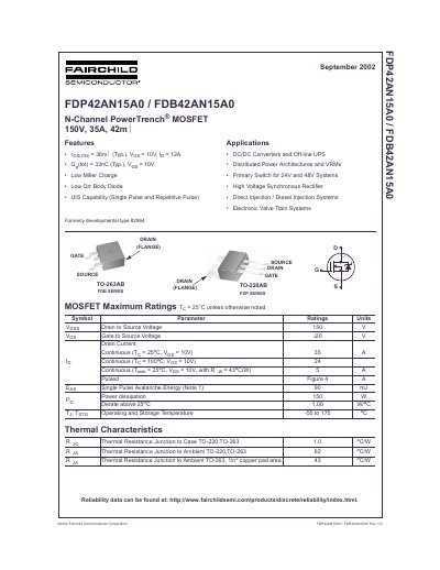 Fairchild FDP42AN15A0/FDB42AN15A0 N-Channel MOSFET Datasheet - cover page