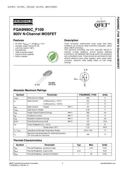 Fairchild FQA9N90C_F109 900V N-Channel MOSFET Datasheet - cover page