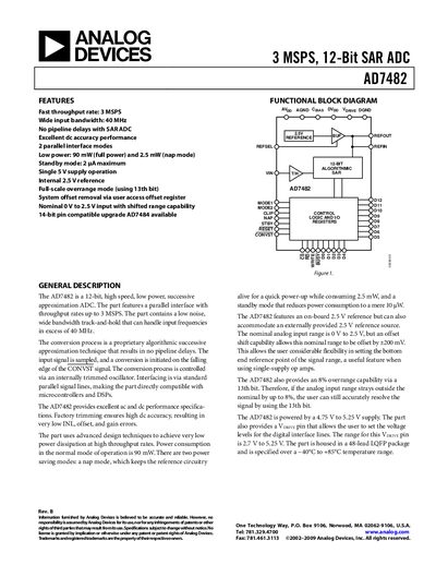 Analog Devices AD7482 12‑Bit SAR ADC Datasheet - cover page