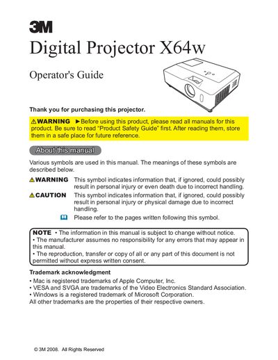 3M X64w Digital Projector Operator's Guide - cover page