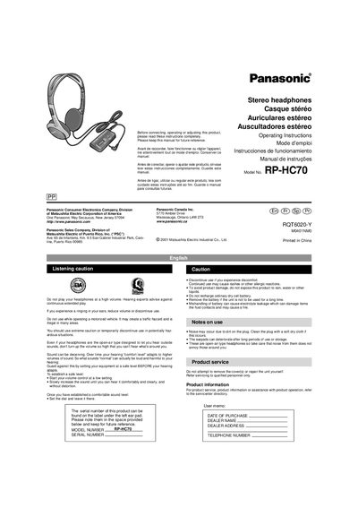 Panasonic RP-HC70 Stereo Headphones Operating Instructions