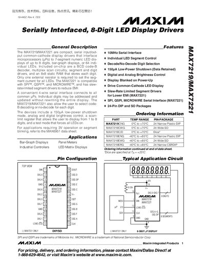 Maxim MAX7219/MAX7221 8-Digit LED Display Driver Datasheet - cover page