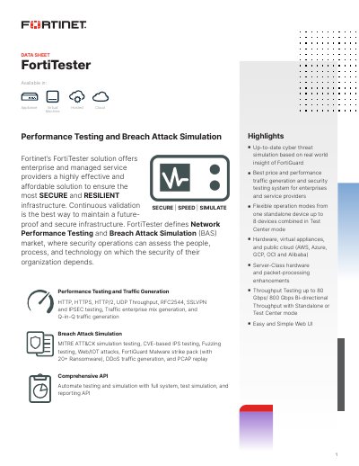 Fortinet FortiTester 100F Series Network Performance Testing and Breach Attack Simulation Datasheet - cover page