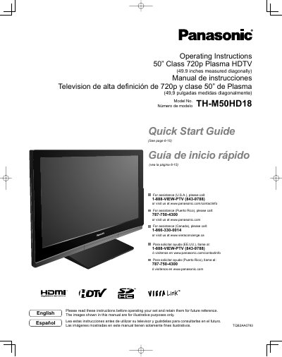 Panasonic TH-M50HD18 Plasma HDTV Operating Instructions - cover page