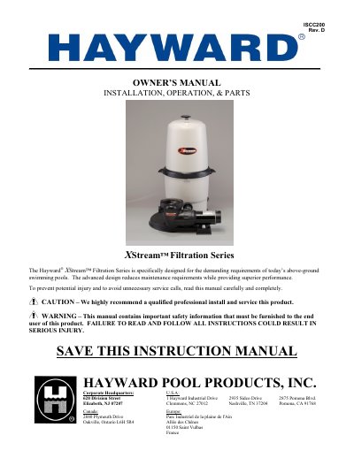 Hayward CC2000 XStream Filtration Series Owner's Manual