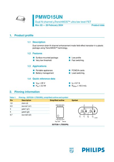 Philips PMWD15UN Dual N‑Channel TrenchMOS™ Ultra Low Level FET Datasheet - cover page