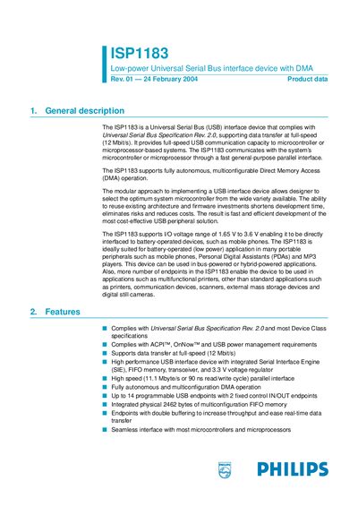 Philips ISP1183 Low-power USB Interface Device Datasheet - cover page