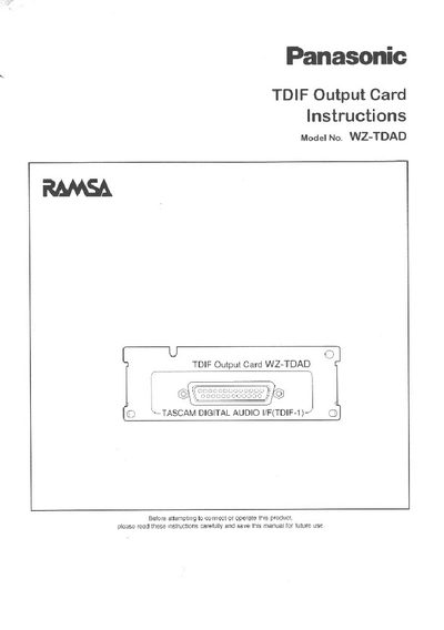 Panasonic WZ-TDAD TDIF Output Card Instructions - cover page