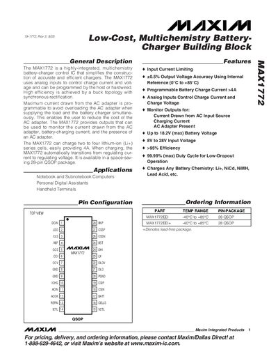 Maxim MAX1772 Low-Cost Multichemistry Battery Charger Building Block Datasheet - cover page