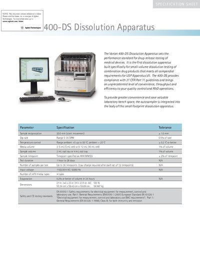 Varian 400-DS Dissolution Apparatus Product Leaflet