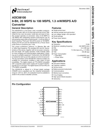 National Semiconductor ADC08100 8‑Bit A/D Converter Datasheet - cover page