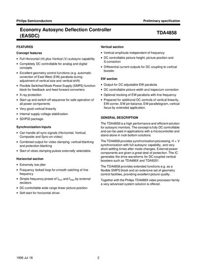 Philips TDA4858 Economy Autosync Deflection Controller (EASDC) Datasheet